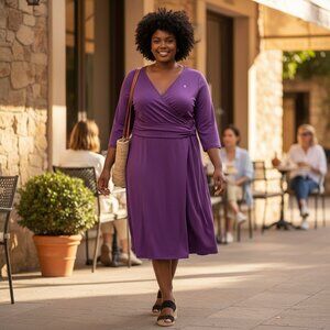 Lands End Faux Wrap Dress Size 3X Purple 3/4 Sleeve Office Career Wedding Guest‎